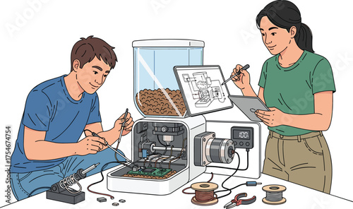 lectronics repair illustration, students working on coffee machine circuit board, soldering and
