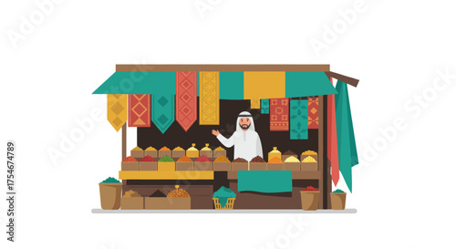 Traditional Middle Eastern Market Stall with Vendor Selling Spices and Textiles