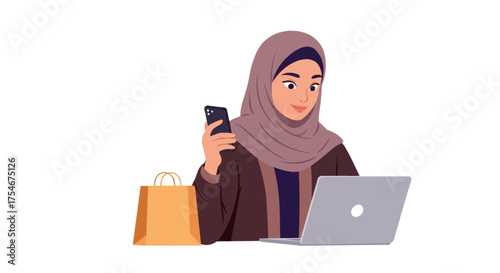Muslim woman with hijab using laptop and smartphone for online shopping with shopping bag