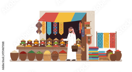 Traditional Middle Eastern market stall selling spices, textiles, and accessories with a vendor in traditional attire