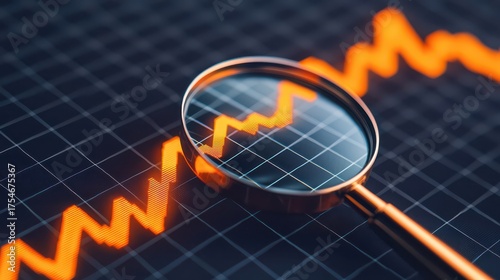 A magnifying glass focuses on a fluctuating orange graph line against a dark grid background, illustrating data analysis or financial trends.