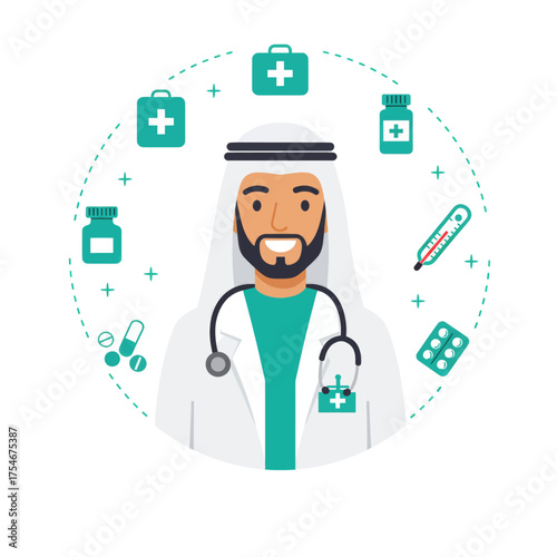 Middle Eastern Doctor with medical icons and symbols in a circular design