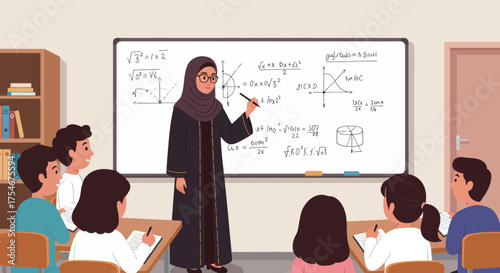 Teacher in hijab explaining mathematical equations on a whiteboard to students in a classroom