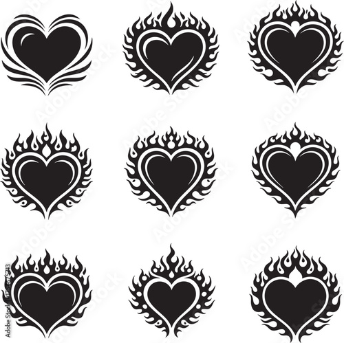 A collection of nine black tribalstyle flaming heart vector icons for tattoo designs.