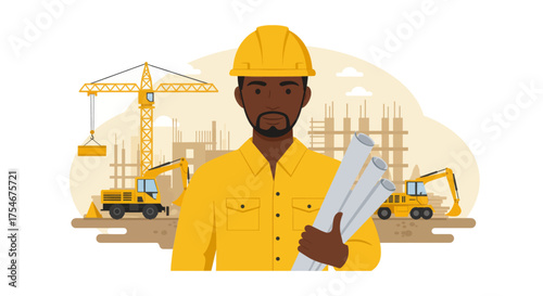 Construction worker in a hard hat holding blueprints on a worksite with cranes and excavators in the background