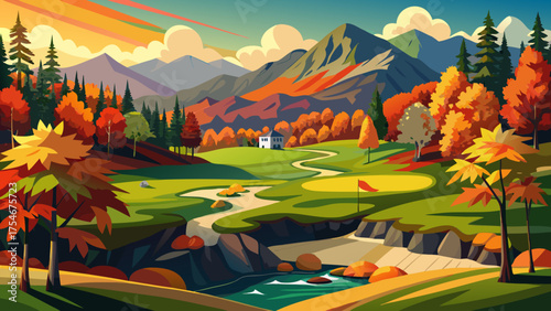 Very beautiful mountain golf course near Cashiers, North Carolina, surrounded by colorful autumn foliage, golden trees, and rolling hills under clear skies, offering a peaceful and luxurious retreat i