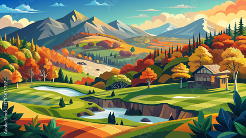 Very beautiful mountain golf course near Cashiers, North Carolina, surrounded by colorful autumn foliage, golden trees, and rolling hills under clear skies, offering a peaceful and luxurious retreat i