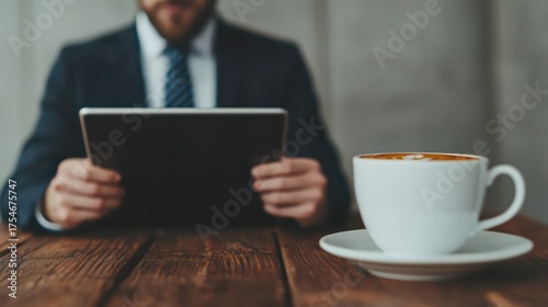 A businessman enjoys coffee while using a tablet, seated at a rustic wooden table, combining work and leisure.