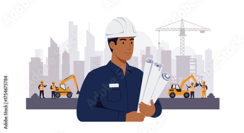 Construction worker holding blueprints with city skyline and cranes in background