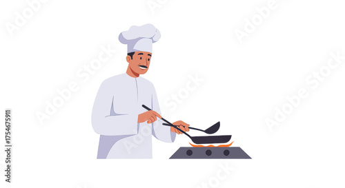 Chef cooking delicious food on a gas stove with a frying pan and ladle in a professional kitchen