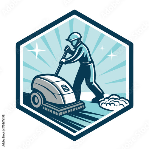 A stylized logo depicts a cleaner using a floor polisher.