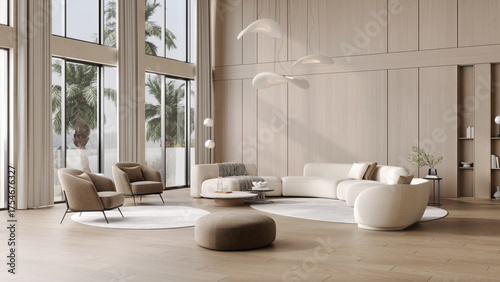 Luxury modern villa interior with wooden walls, soft white sofas, designer lamps, panoramic windows and elegant minimalist decor, 3d rendering