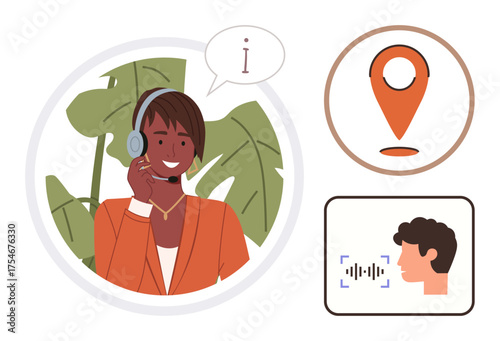 Person wearing a headset speaking, location marker, and voice recognition interface. Ideal for customer support, communication, navigation, AI technology, voice assistance, remote work user