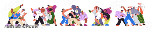 Happy friends posing together, set. Young people groups, teams standing for portrait photo, smiling, laughing with fun. Friendship concept. Flat vector illustration isolated on white background.