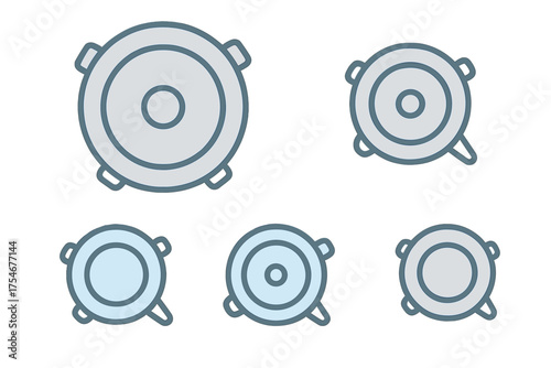 Five stylized kitchen pot lids or cooking pan covers in various sizes and colors viewed from above