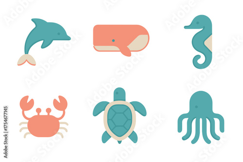 Stylized set of six marine animals: dolphin, whale, seahorse, crab, turtle, and octopus