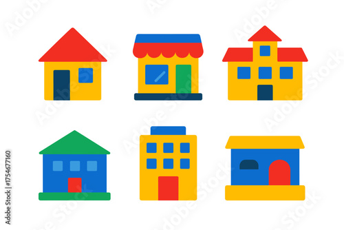 Colorful flat icons set of diverse residential homes commercial shops and apartment buildings