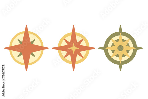 Collection of three stylized compass rose icons in mid-century modern color palette