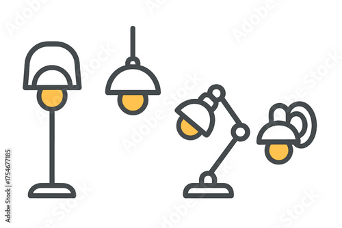Set of interior lighting fixtures including floor, ceiling, table, and wall lamps