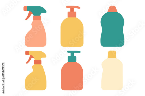 Colorful collection of household cleaning product bottles, sprayers, pump dispensers, and detergent containers