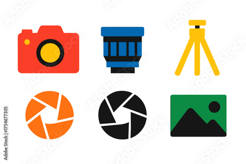 Colorful photography equipment and image settings including camera, lens, tripod, and aperture symbols
