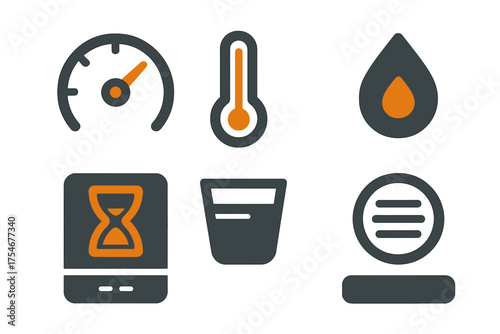 Essential dashboard icons set featuring gauge, thermometer, timer, and liquid status symbols