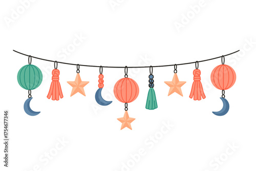 Bohemian style hanging garland with celestial elements and decorative tassels