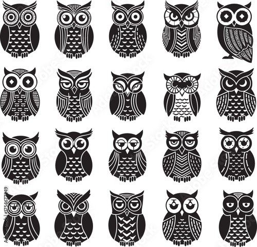 A large set of black and white stylized cartoon owl icons with various expressions.