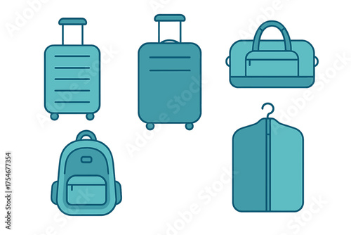 Set of travel luggage items including rolling suitcases, duffel bag, backpack, and garment carrier