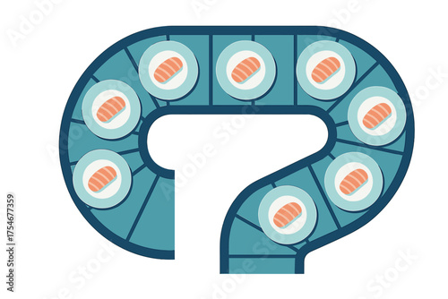 Plates of nigiri sushi moving along an automated blue conveyor belt delivery system