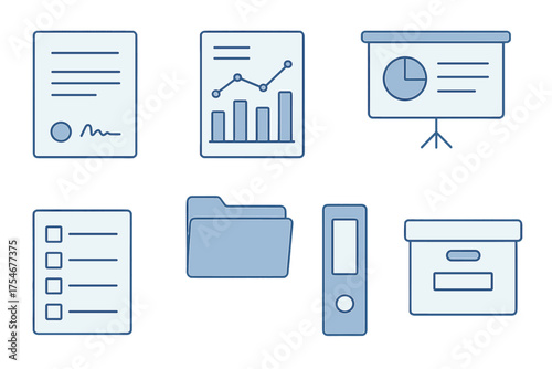 Business and office administration documents including contract, chart, presentation, checklist, folder, and archive box