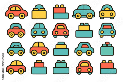Brightly colored collection of simple toy vehicles and stacking construction blocks