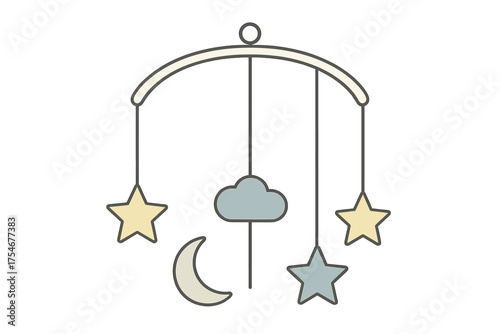 Minimalist baby mobile featuring hanging celestial objects like stars, crescent moon, and a fluffy cloud