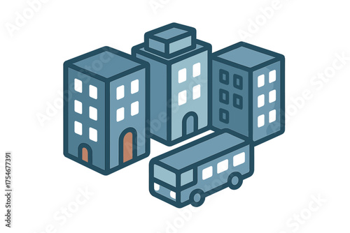 Isometric view of urban architecture with office buildings and public transit bus