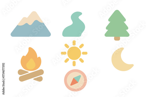 Minimalist icons representing outdoor adventure, nature, mountain, tree, sun, moon, and campfire