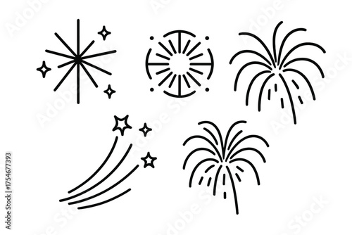 Minimal line icons set depicting festive fireworks bursts and sparkling star trails