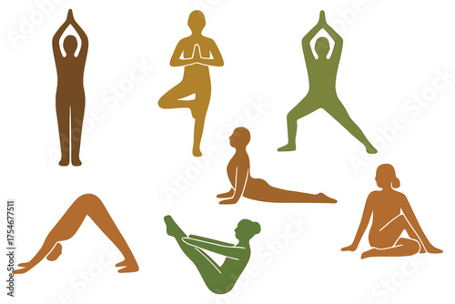 Diverse yoga positions and stretching exercises represented by stylized human silhouettes