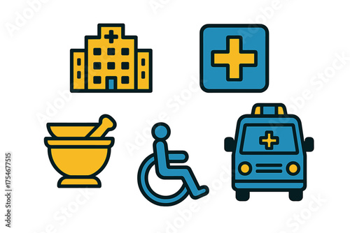 Outline icon set for medical and emergency services including hospital, ambulance, and accessibility sign