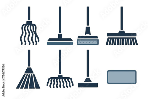 Cleaning equipment icons set including mop, broom, sponge, and squeegee symbols
