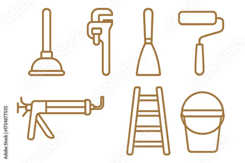 Essential outline tools for home repair and construction including plunger, wrench, paint roller, and ladder