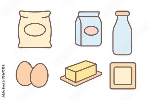 Essential kitchen staples set with flour, milk, eggs, and butter blocks