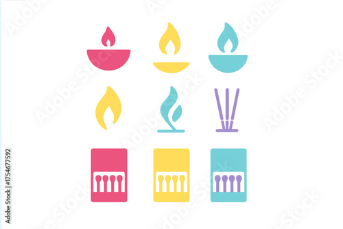 Colorful minimalist symbols of flames, matchboxes, burning oil lamps, and aromatic incense