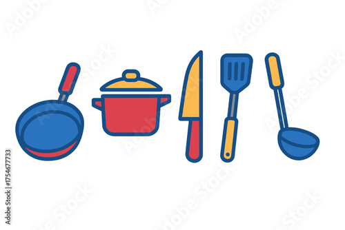 Set of essential kitchen tools including frying pan, stockpot, chef knife, spatula, and ladle