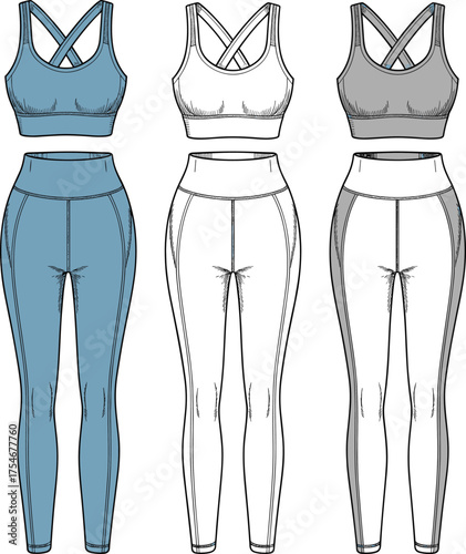 omen’s athletic wear fashion illustration, sports bra and leggings set, technical flat sketch,