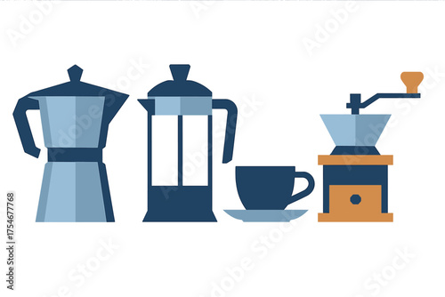 Set of essential coffee brewing tools including Moka pot, French press, grinder, and cup