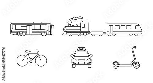 Line art illustration of various modes of transportation.
