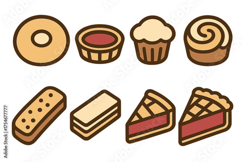 Collection of various sweet baked goods including pie, donut, cupcake, and cookies