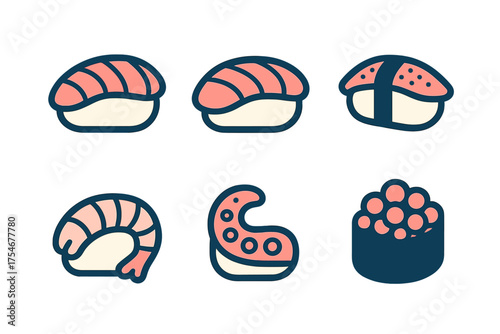 Set of traditional Japanese sushi and seafood pieces including nigiri, shrimp, octopus, and fish roe