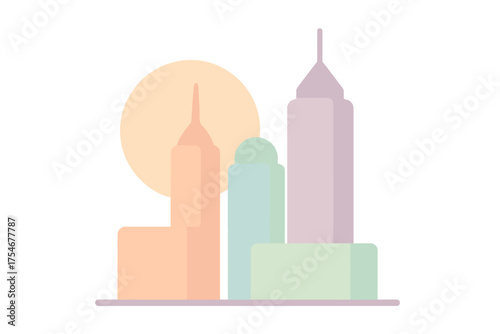 Abstract geometric cityscape featuring tall buildings and a large circular sun in soft pastel colors