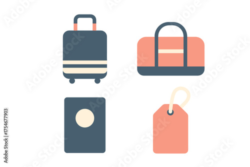 Travel and vacation essentials including rolling luggage, duffel bag, passport, and baggage tag